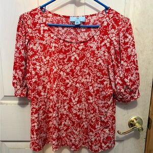 CeCe Red Floral Scoop Neck Puff Sleeve Blouse